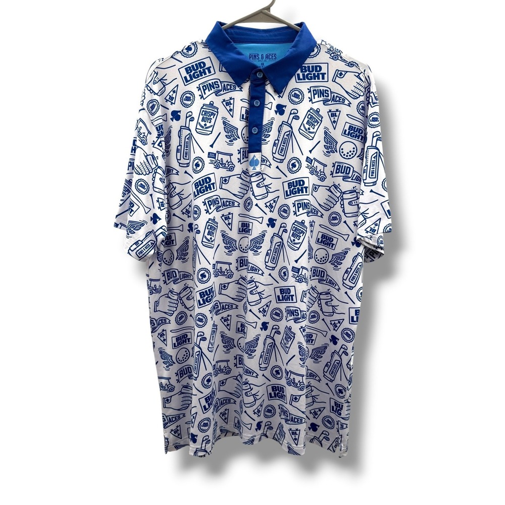 Pins & Aces Bud Light Crispy Boys Golf Polo Mens XXL White Blue‎ All Over Print
